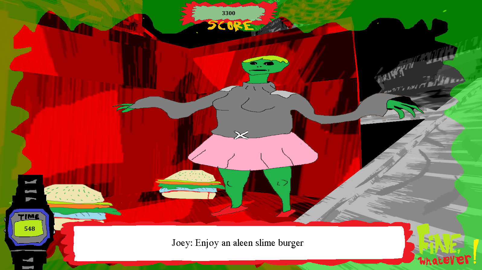 a strange alien called joey stands next to some odd looking burgers saying 'have an aleen slime burger'